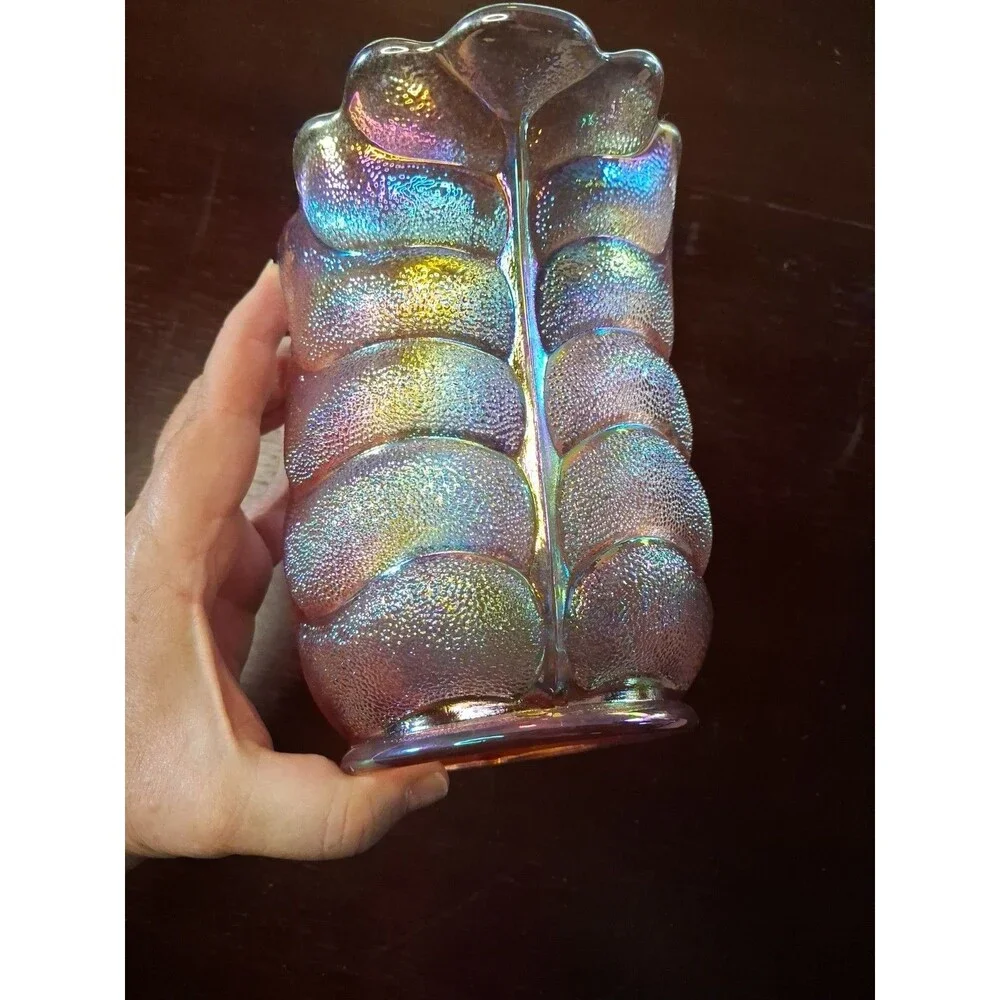 L E SMITH - Pink Iridescent - Carnival Glass - Leaf/Shell Vase - MCM vintage VGC